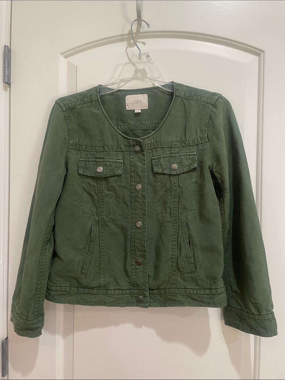 LOFT Olive Green Collarless Utility Jean Jacket
